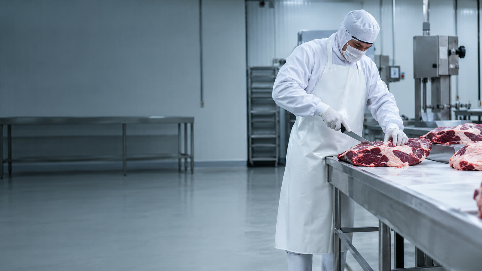 Funcionário cortando carne em mesa de aço inox numa sala de desossa